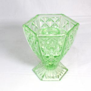 Hexagonal green glass vase with frog