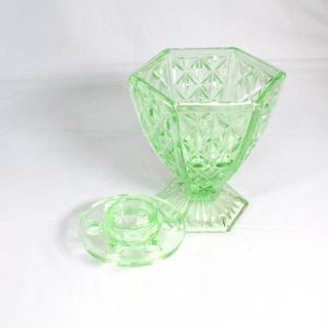 Hexagonal green glass vase with frog