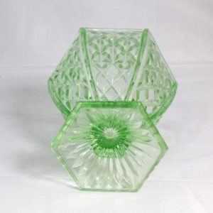Hexagonal green glass vase with frog