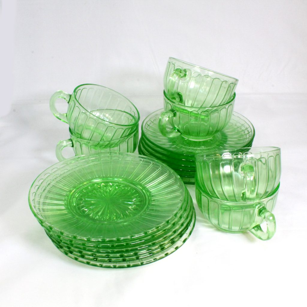 6 Uranium Glass trios/depression glass Camberwell Antique Centre