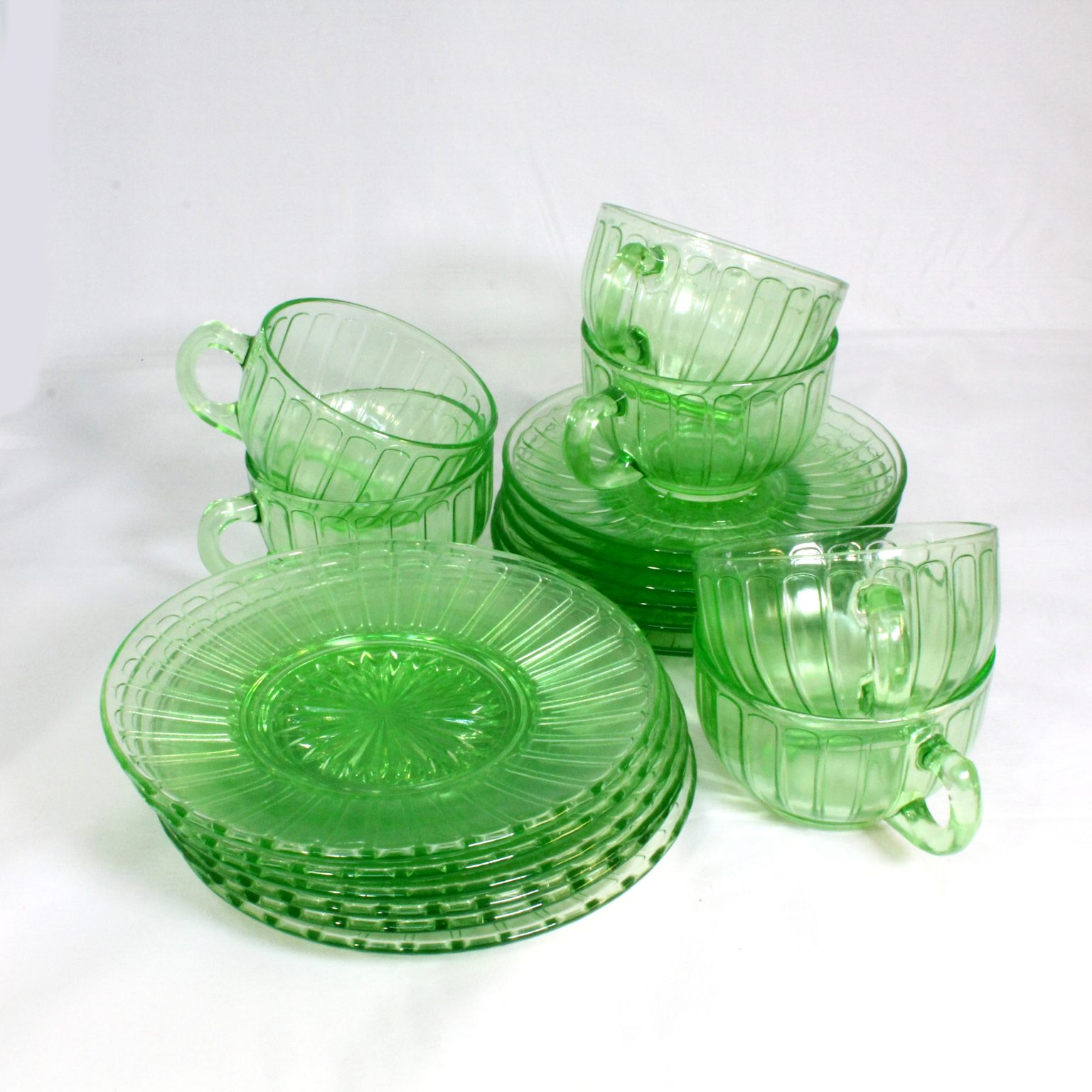 6 Uranium Glass trios/depression glass Camberwell Antique Centre