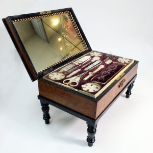 French Piano Sewing Box Mother of Pearl Tools